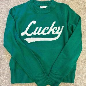 Kelly Green Crewneck Sweater with White "Lucky" Script